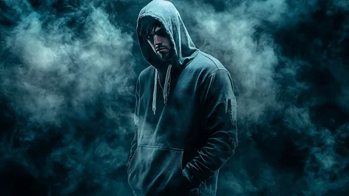 Hooded figure in teal volumetric fog with cinematic rim lighting.