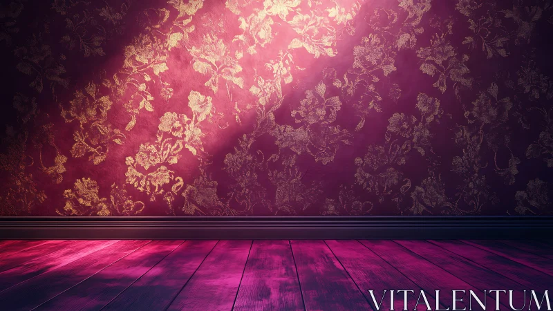 Velvet wallpaper glows while magenta floorboards quietly listen