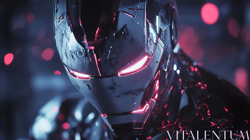 Cyberpunk chrome mech portrait with neon magenta rim lighting.