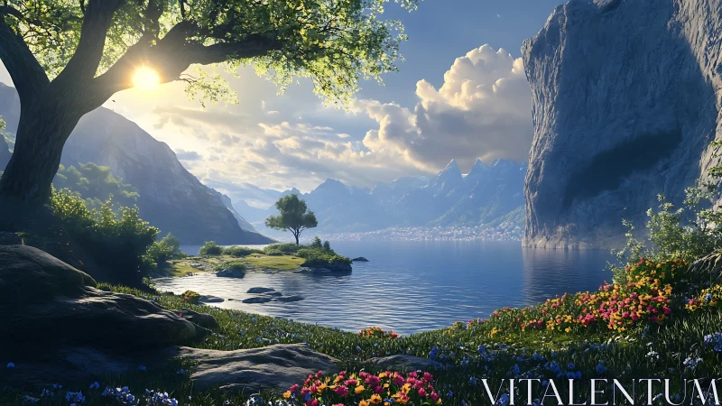 Sunlit alpine lake cove with wildflowers in vivid bloom.