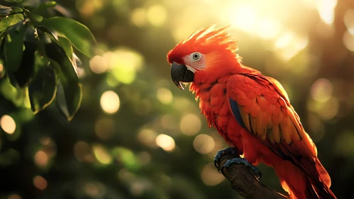 Vibrant Scarlet Macaw Perched in Sunlit Jungle, Photorealistic Style.