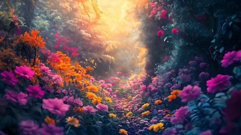 Flower pathway with directional light source and layered foliage.
