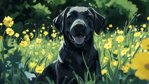 Black dog in yellow wildflower meadow under diffuse light.