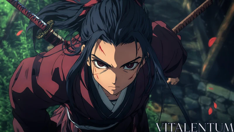 Battle-scarred anime swordsman advances through falling leaves