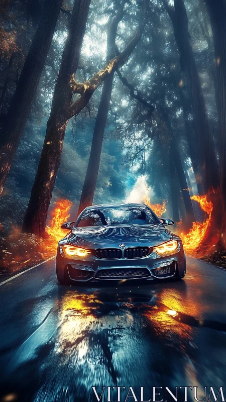 BMW sports coupe storms wet forest road through fire ring.