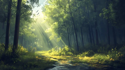 Sunlit Forest Path with Lush Greenery in Digital Painting Style.