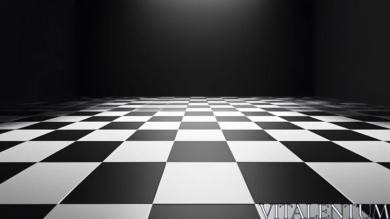 Checkerboard floor extends toward dark empty background