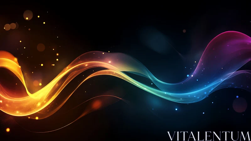 Chromatic light ribbons curve across a deep black ground