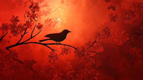 Silhouetted songbird on branch amid glowing crimson blossoms.