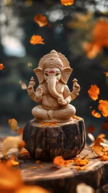 Ornate Ganesh sculpture on stump with dynamic bokeh leaf field.