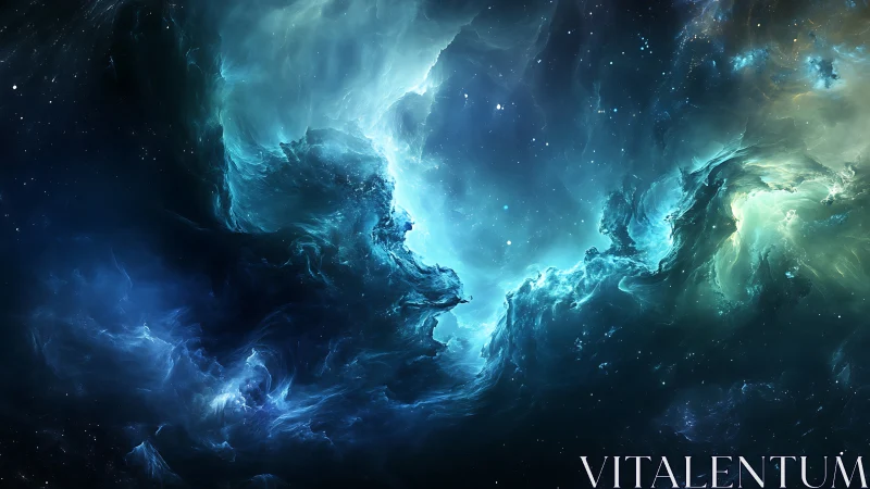 Stellar nebula swirls in luminous teal and deep cosmic blue.