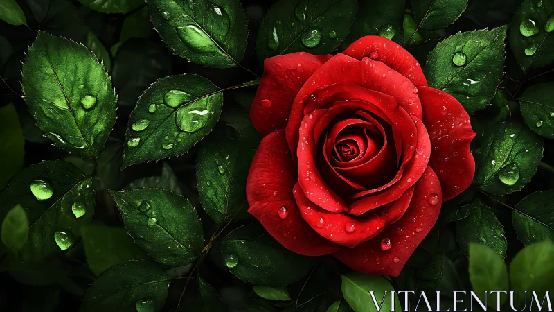 Crimson Romance: Jeweled Rose Blooms Among Raindrops.