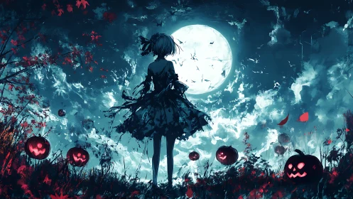 Girl in tattered dress faces full moon over haunted field