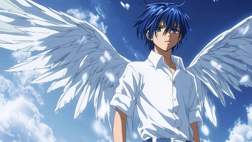 Blue haired winged figure stands against a bright sky