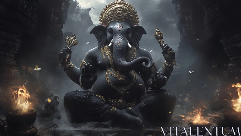 Majestic Ganesha idol sits amid firelit ancient ruins.