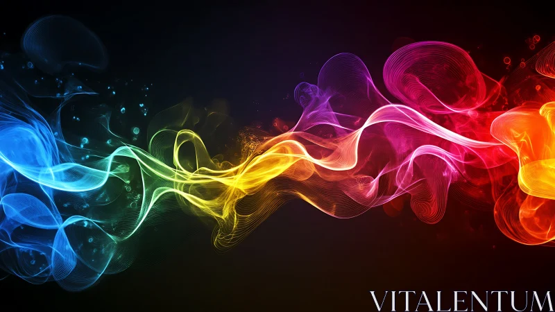 Colorful abstract light waves on dark gradient background.