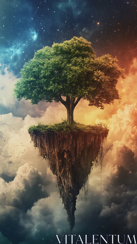 Floating celestial tree on a drifting sky island panorama.
