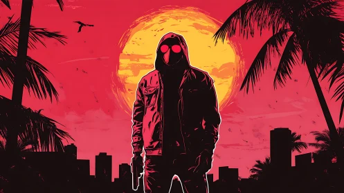 Hooded drifter glows against neon sunset city skyline.