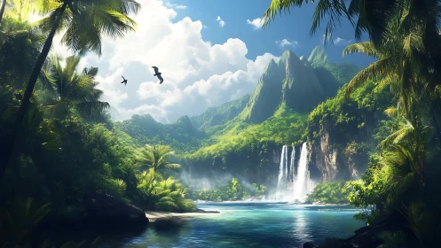 Tropical Paradise Waterfall with Mountain Valley Beauty.