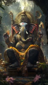 Forest-lit Ganesha sits in gilded stillness, blessing dawn