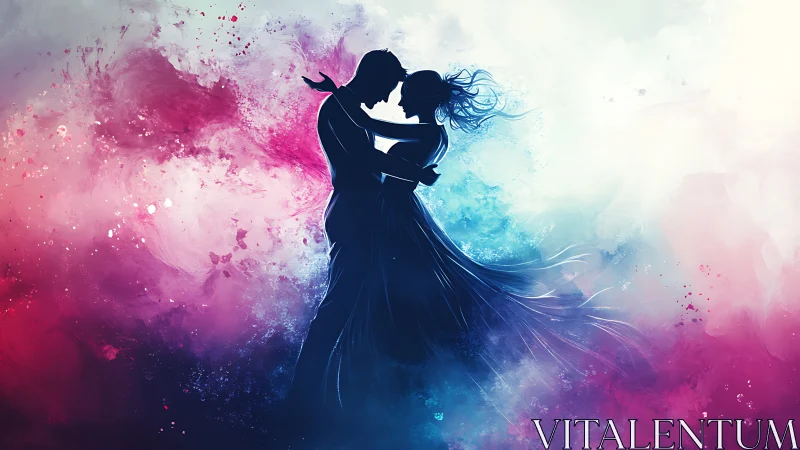 Silhouetted Embrace Within Chromatic Ink Dispersion Field.