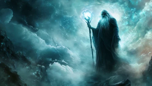 Robed figure holds luminous staff amid dense cloud formations