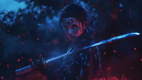 Blood-marked night samurai carved in blue embers.