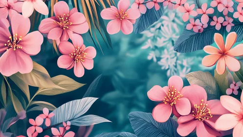 Digital botanical illustration featuring pink flowers with gradient teal foliage background composit
