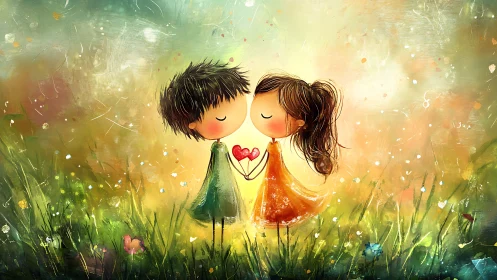Young Romance in Luminous Garden - Whimsical Digital Illustration.