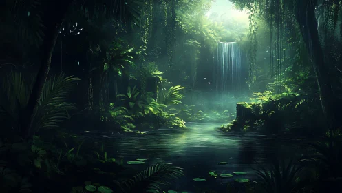 Luminescent Waterfall Through Dense Jungle Canopy.