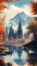 Autumn alpine river valley with conifer forest and snow peak.