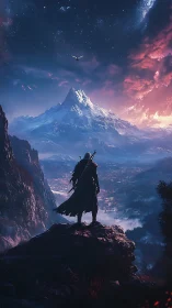 Lone cloaked warrior surveys a glowing fantasy mountain realm.