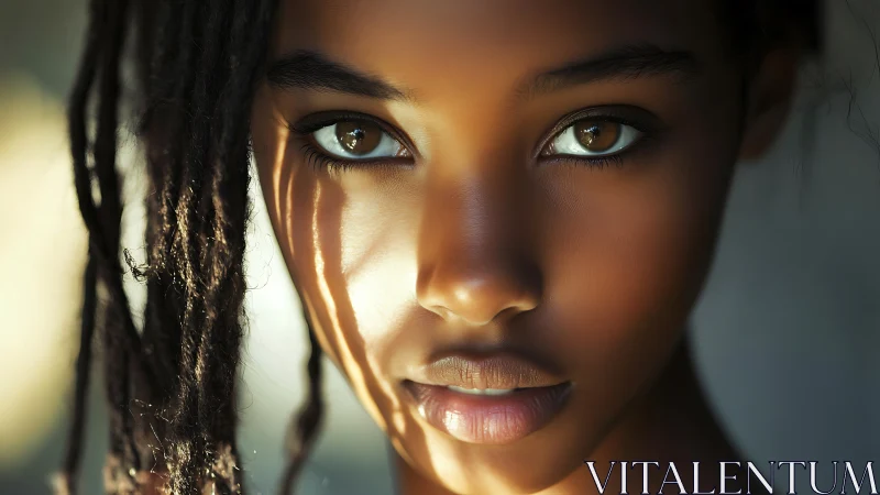 Sunlit brown eyes meet the viewer with gentle quiet strength