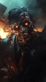 Flaming-eyed zombie strides through apocalyptic inferno.