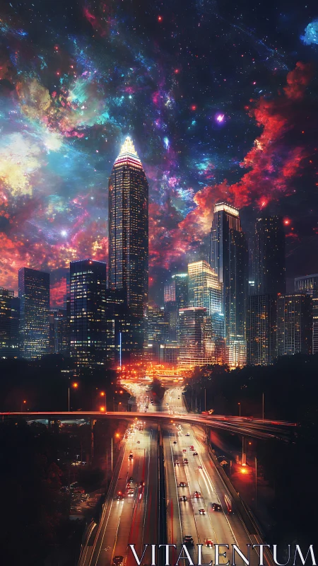 Urban skyline with highway under dense nebula-like sky.