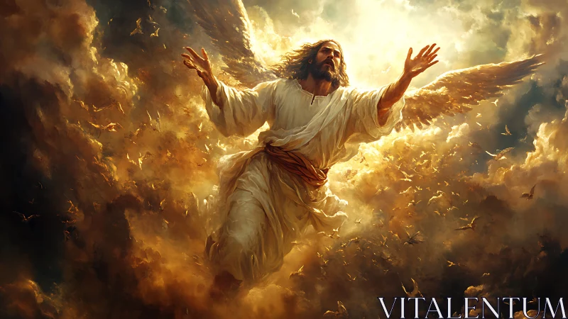 Radiant winged figure rising through glowing golden clouds.