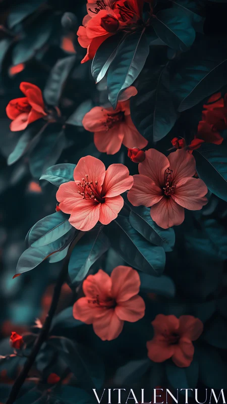 Red tropical flowers with teal foliage in dark shadow composition