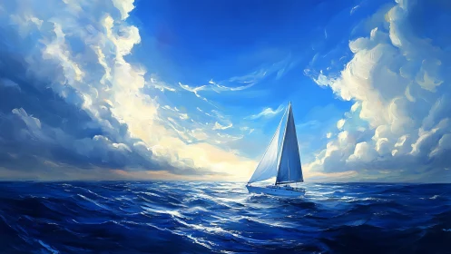 Sailboat moves across open sea under expansive cloud formations