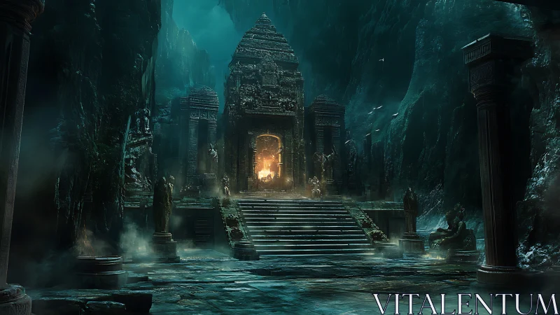 Ancient submerged temple glows within vast flooded cavern
