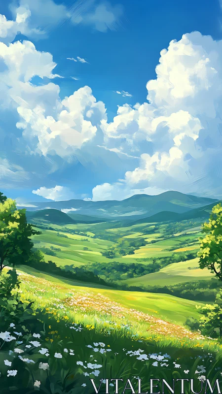 Sunlit wildflower valley rolls beneath towering summer clouds