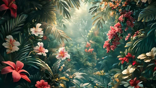 Lush Tropical Botanical Garden with Vibrant Blooms and Layered Foliage.