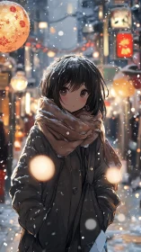 Snowy anime street scene captures quiet winter evening.