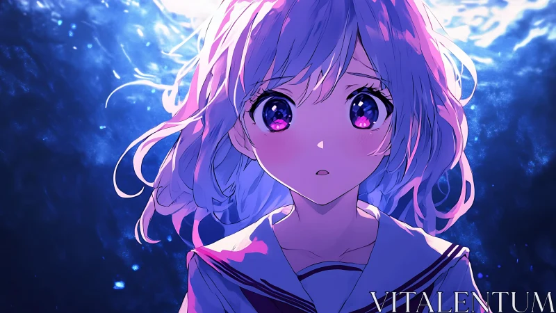 Underwater anime schoolgirl portrait with bioluminescent lighting