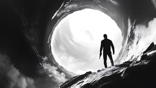 Silhouetted armed figure stands in rocky cave facing vortex