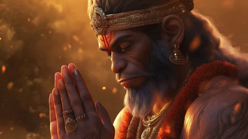 Golden light surrounds a serene praying deity in quiet focus