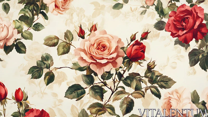 Vintage rose floral pattern with red and pink blossoms.