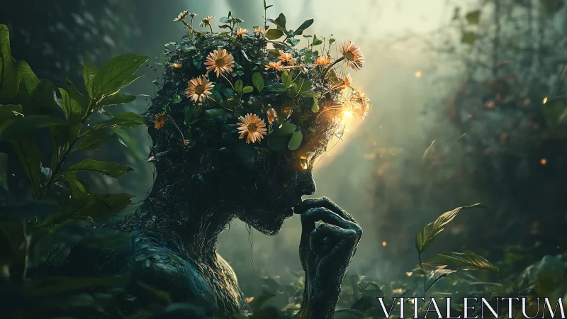 Bioluminescent forest effigy with floral cranium in volumetric haze