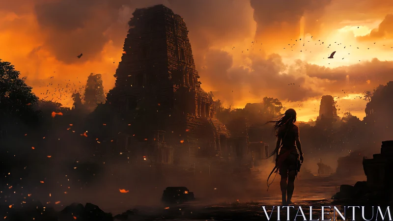 Warrior silhouette before burning jungle temples at dusk.