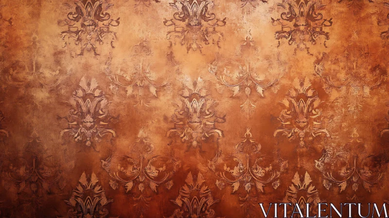 Ornate baroque damask pattern on aged copper backdrop.