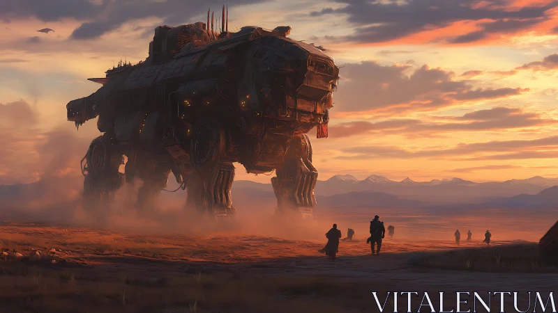 Colossal desert war mech strides through sunset haze.